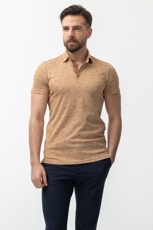 Camel Color Cotton And Elastane Fabric Polo Collar And Patterned Detail Casual Mens T Shirt