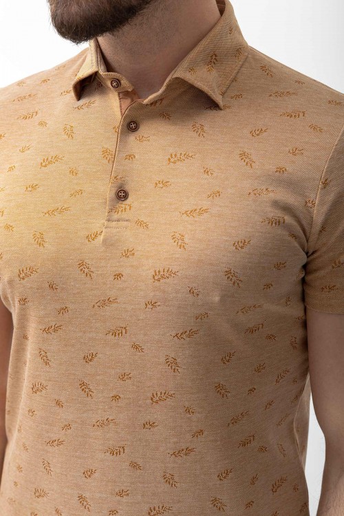 Camel Color Cotton And Elastane Fabric Polo Collar And Patterned Detail Casual Mens T Shirt