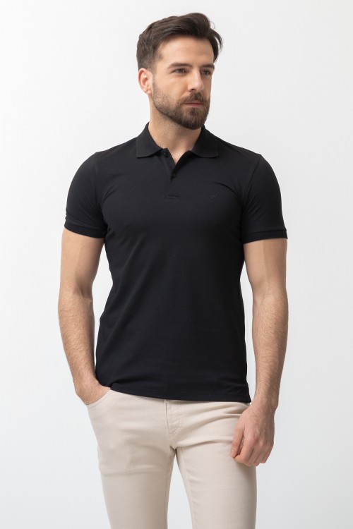 Black Color Cotton And Elastane Fabric Basic Polo Collar Men's Tshirt