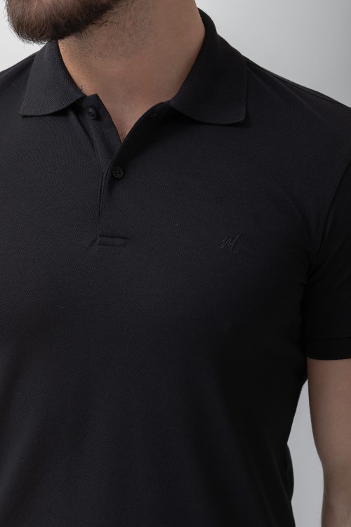 Black Color Cotton And Elastane Fabric Basic Polo Collar Men's Tshirt
