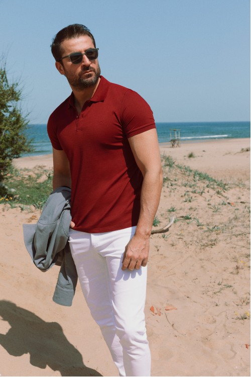 Claret Red Color Cotton And Elastane Fabric Basic Polo Collar Men's Tshirt