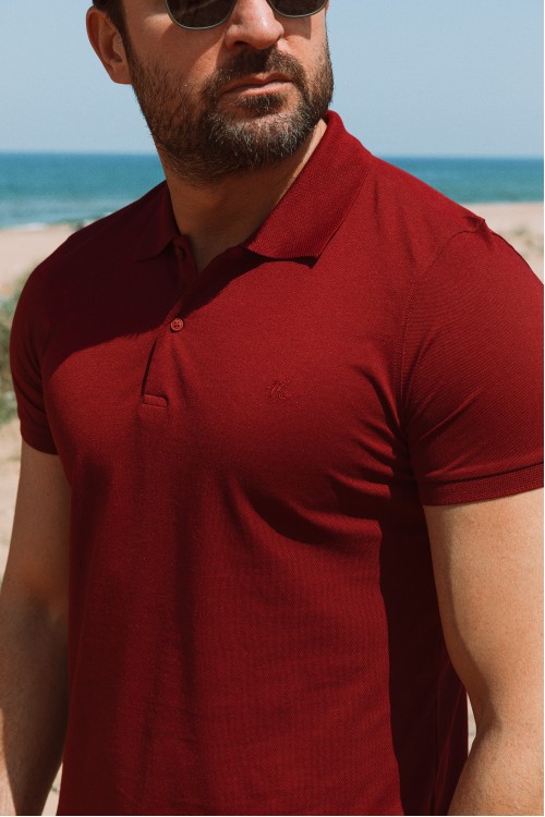 Claret Red Color Cotton And Elastane Fabric Basic Polo Collar Men's Tshirt