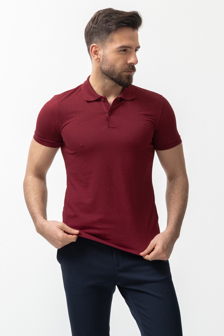 Claret Red Color Cotton And Elastane Fabric Basic Polo Collar Men's Tshirt
