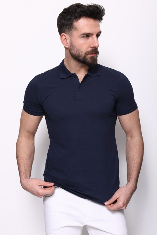 Dark Blue Color Cotton And Elastane Fabric Basic Polo Collar Men's Tshirt
