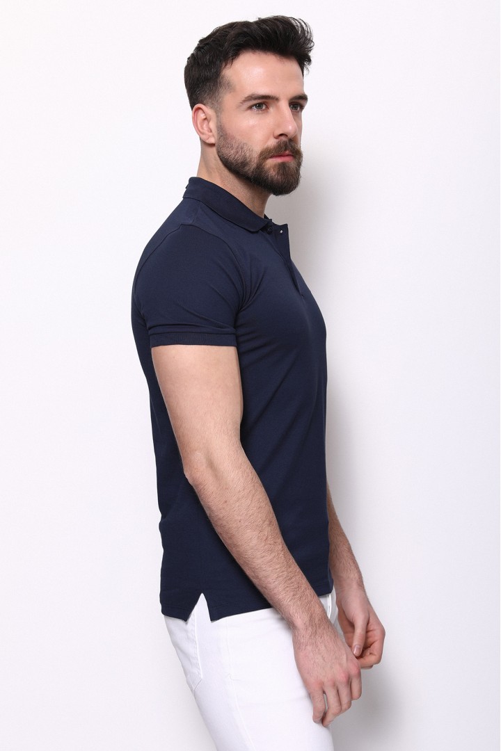 Dark Blue Color Cotton And Elastane Fabric Basic Polo Collar Men's Tshirt