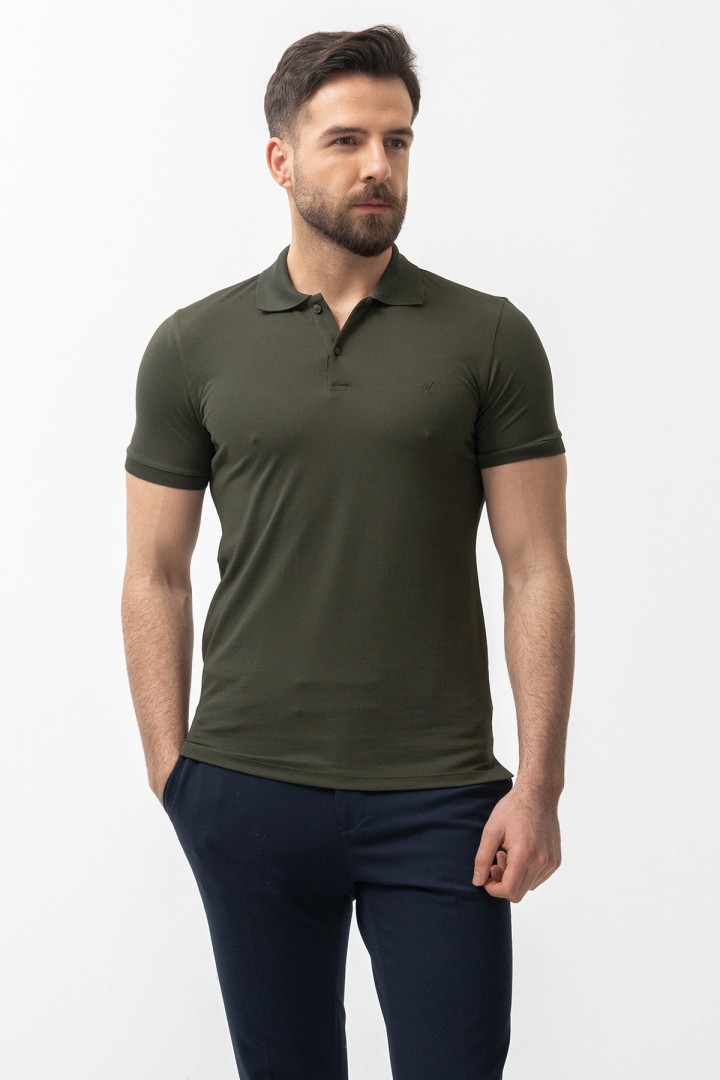 Khaki Color Cotton And Elastane Fabric Basic Polo Collar Men's Tshirt