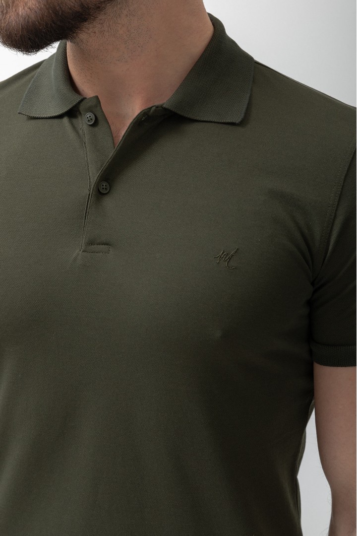 Khaki Color Cotton And Elastane Fabric Basic Polo Collar Men's Tshirt
