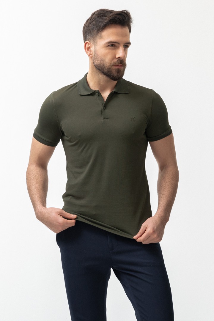 Khaki Color Cotton And Elastane Fabric Basic Polo Collar Men's Tshirt