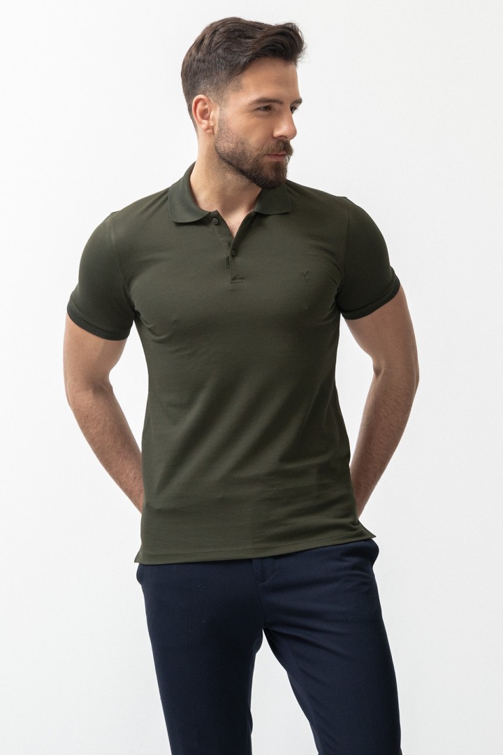 Khaki Color Cotton And Elastane Fabric Basic Polo Collar Men's Tshirt