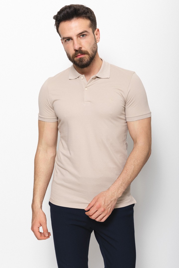 Beige Color Cotton And Elastane Fabric Basic Polo Collar Men's Tshirt
