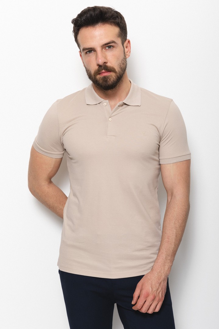 Beige Color Cotton And Elastane Fabric Basic Polo Collar Men's Tshirt