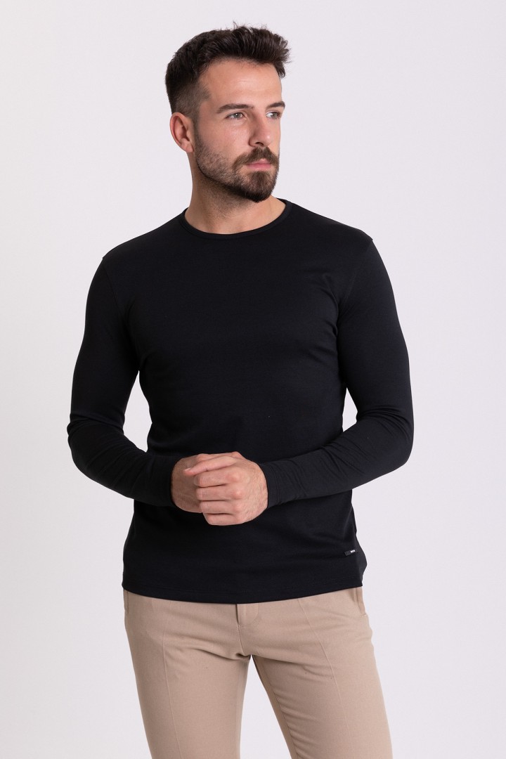 Black Color Cotton And Elastane Fabric With Long Sleeved Crew Neck Detail Classic Men's T Shirt