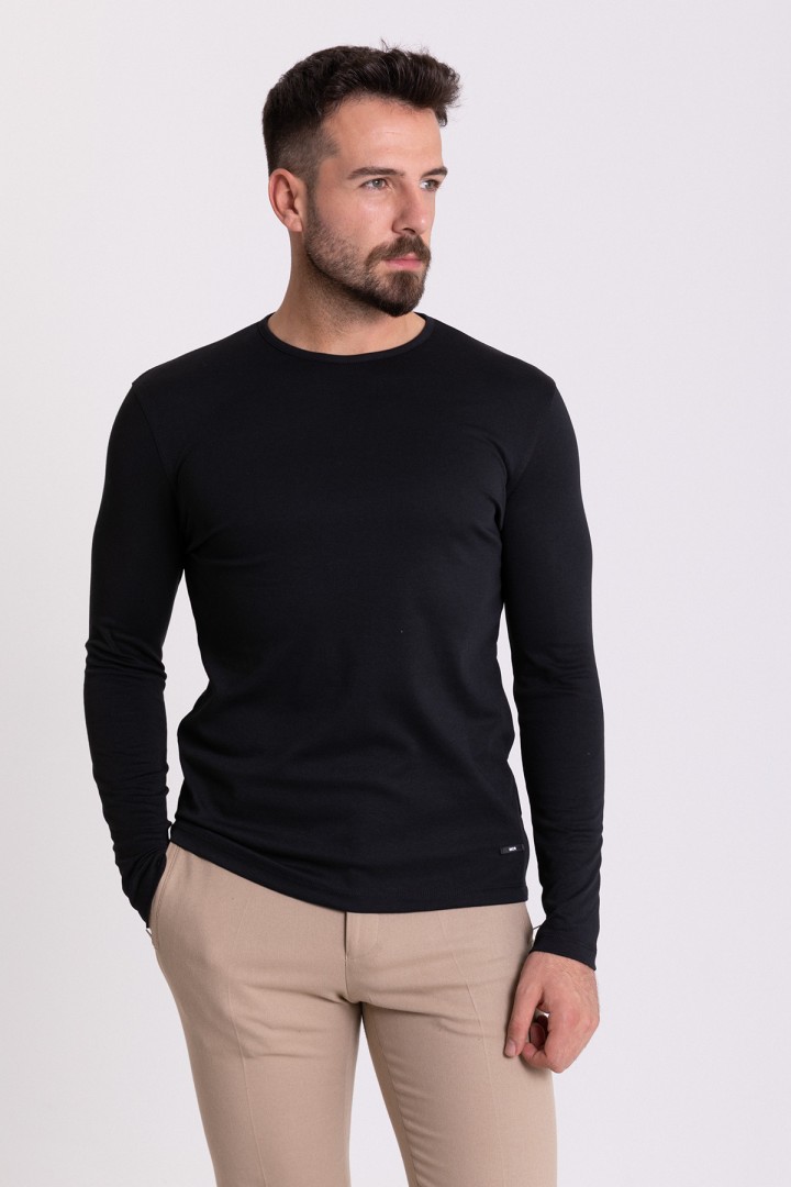 Black Color Cotton And Elastane Fabric With Long Sleeved Crew Neck Detail Classic Men's T Shirt