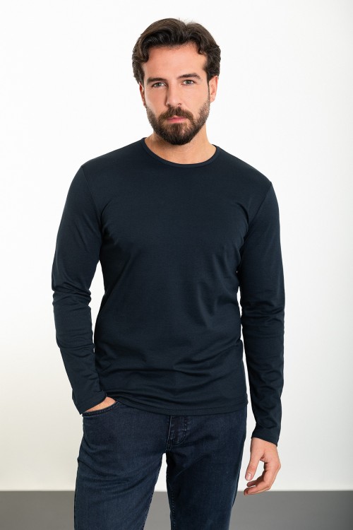 Dark Blue Color Cotton And Elastane Fabric With Long Sleeved Crew Neck Detail Classic Men'S T Shirt