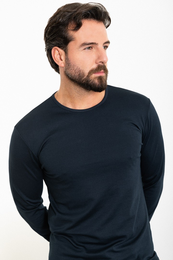 Dark Blue Color Cotton And Elastane Fabric With Long Sleeved Crew Neck Detail Classic Men'S T Shirt