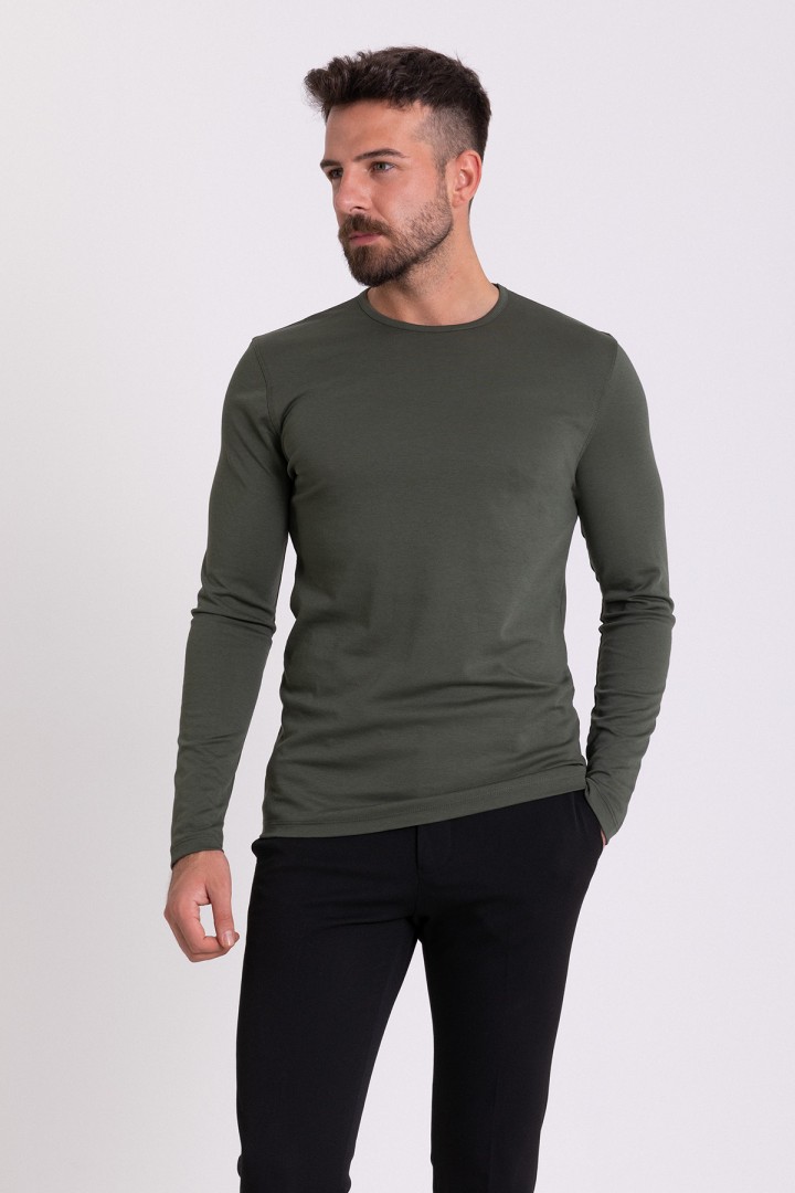 Khaki Color Cotton And Elastane Fabric With Long Sleeved Crew Neck Detail Classic Men's T Shirt