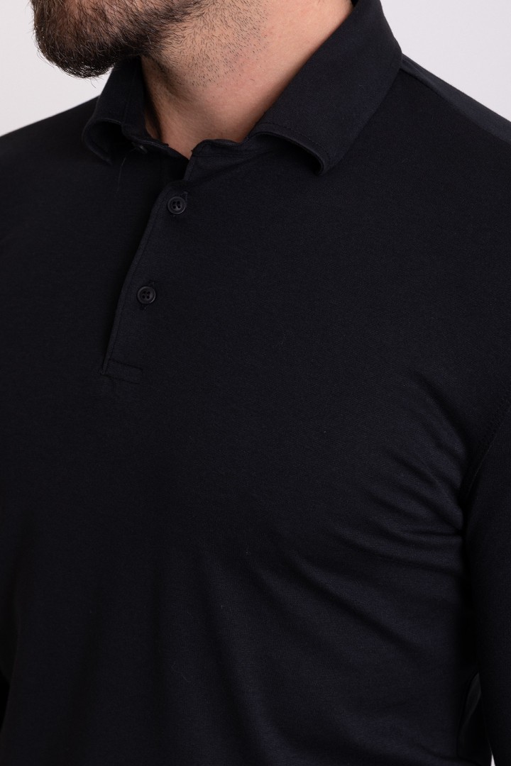Black Color Viscose And Cotton Fabric Long Sleeved And Polo Collar Detail Basic Men's T Shirt