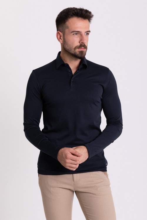 Dark Blue Color Viscose And Cotton Fabric Long Sleeved And Polo Collar Detail Basic Men's T Shirt