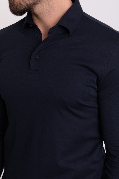 Dark Blue Color Viscose And Cotton Fabric Long Sleeved And Polo Collar Detail Basic Men's T Shirt