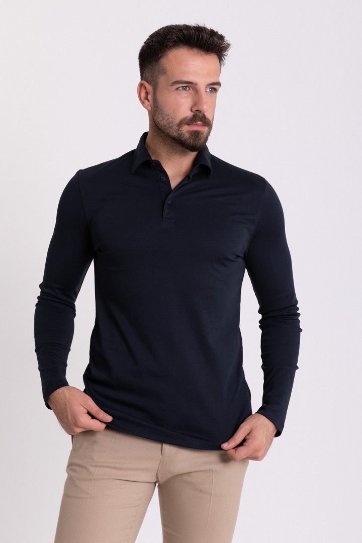 Dark Blue Color Viscose And Cotton Fabric Long Sleeved And Polo Collar Detail Basic Men's T Shirt