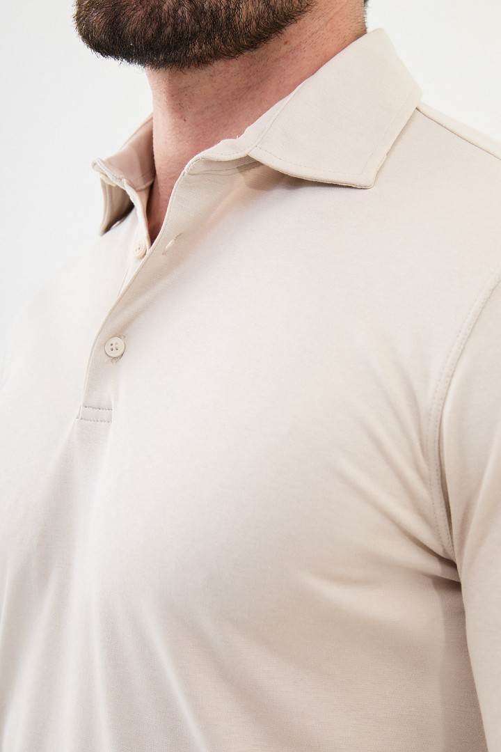 Beige Color Viscose And Cotton Fabric Long Sleeved And Polo Collar Detail Basic Men's T Shirt