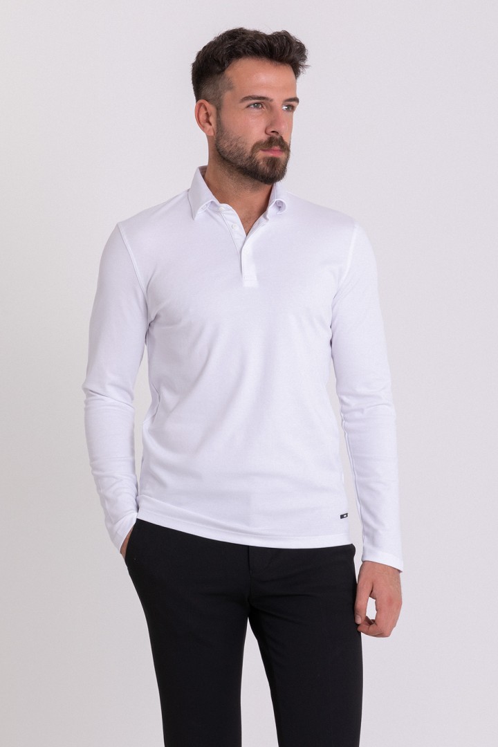 Ecru Color Viscose And Cotton Fabric Long Sleeved And Polo Collar Detail Basic Men's T Shirt