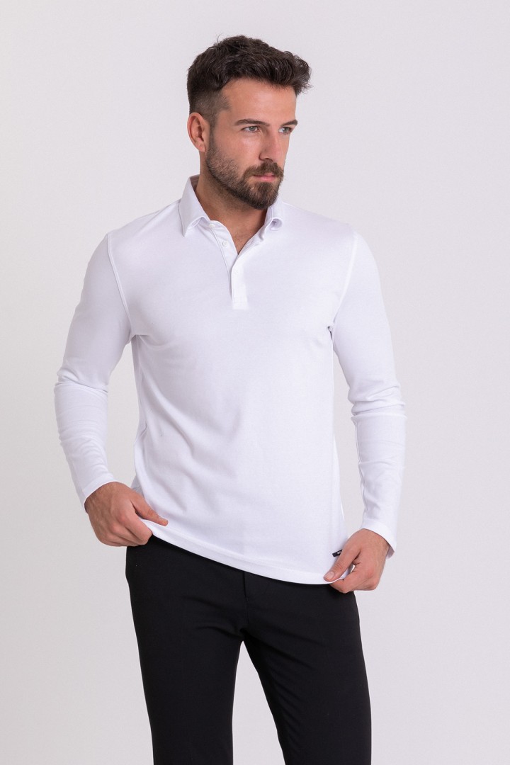 Ecru Color Viscose And Cotton Fabric Long Sleeved And Polo Collar Detail Basic Men's T Shirt