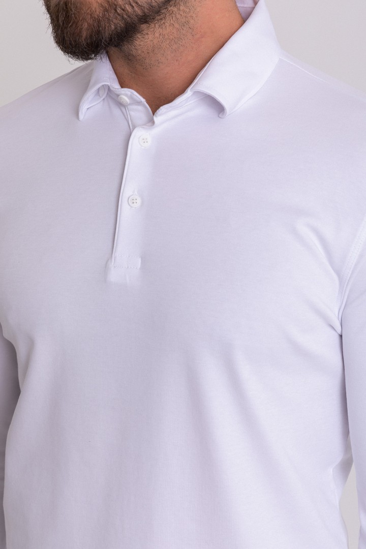 Ecru Color Viscose And Cotton Fabric Long Sleeved And Polo Collar Detail Basic Men's T Shirt