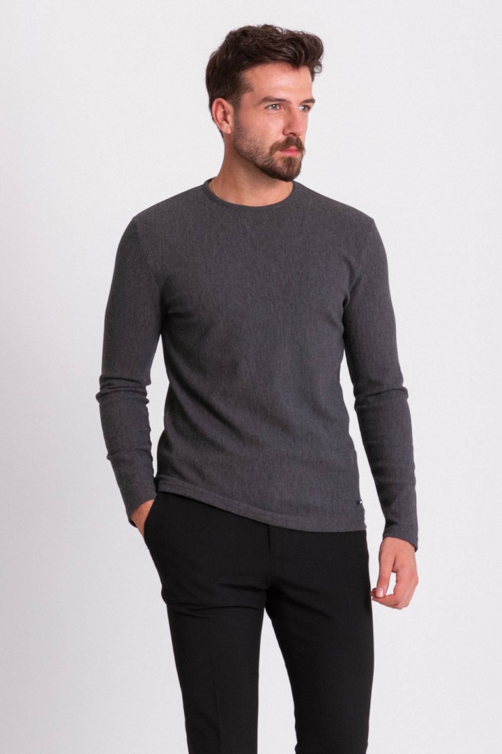 Anthracite Color Cotton And Elastane Fabric With Long Sleeved Crew Neck Detail Casual Mens T Shirt