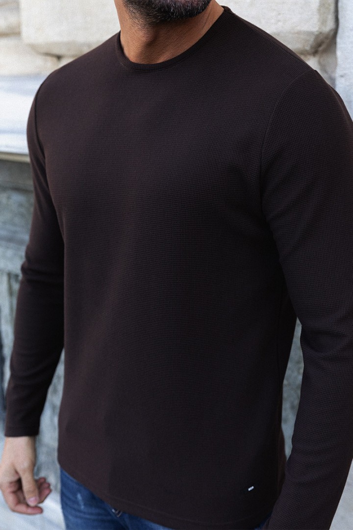 Brown Color Cotton And Elastane Fabric With Long Sleeved Crew Neck Detail Casual Mens T Shirt