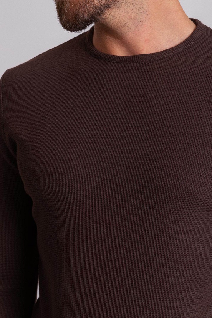 Brown Color Cotton And Elastane Fabric With Long Sleeved Crew Neck Detail Casual Mens T Shirt