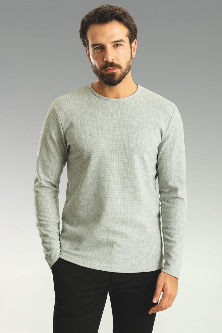Grey Color Cotton And Elastane Fabric With Long Sleeved Crew Neck Detail Casual Mens T Shirt