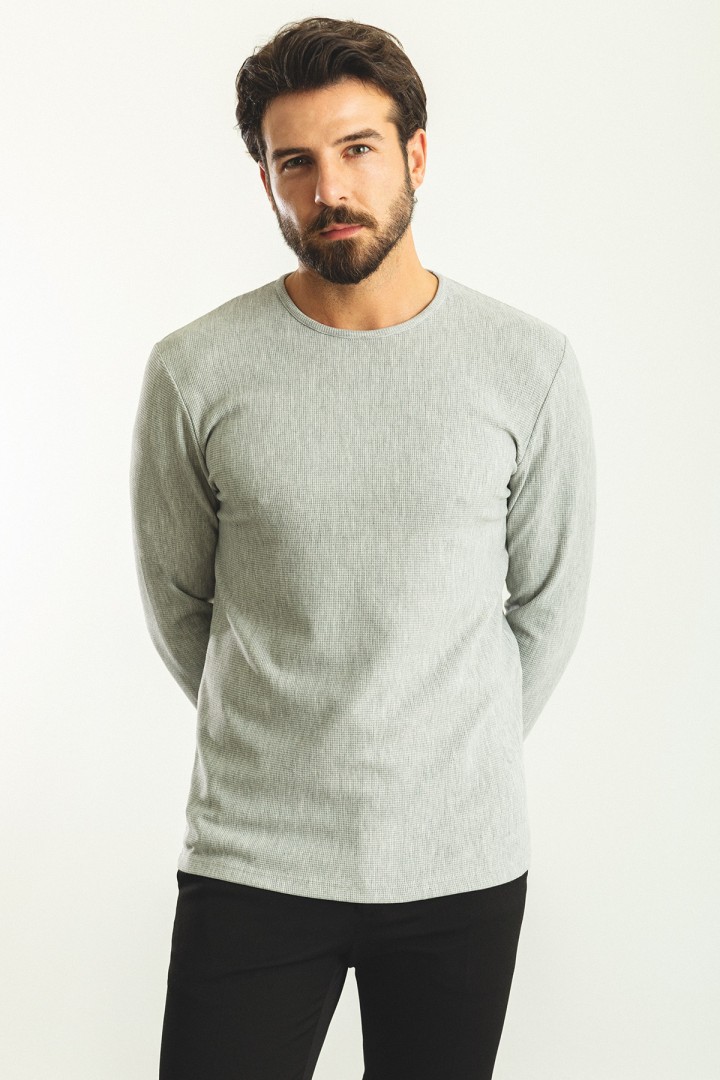 Grey Color Cotton And Elastane Fabric With Long Sleeved Crew Neck Detail Casual Mens T Shirt