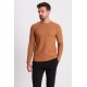 Camel Color Cotton And Elastane Fabric With Long Sleeved Crew Neck Detail Casual Mens T Shirt