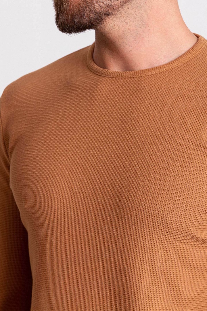 Camel Color Cotton And Elastane Fabric With Long Sleeved Crew Neck Detail Casual Mens T Shirt