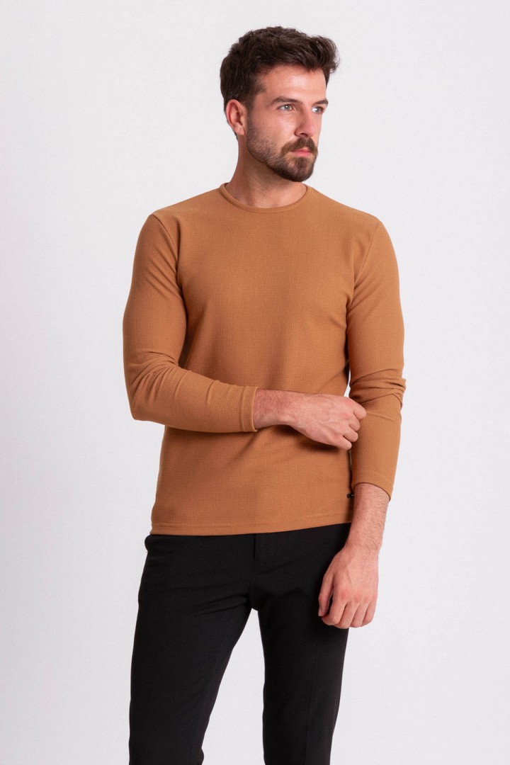 Camel Color Cotton And Elastane Fabric With Long Sleeved Crew Neck Detail Casual Mens T Shirt