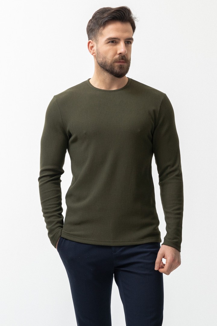 Khaki Color Cotton And Elastane Fabric With Long Sleeved Crew Neck Detail Casual Mens T Shirt