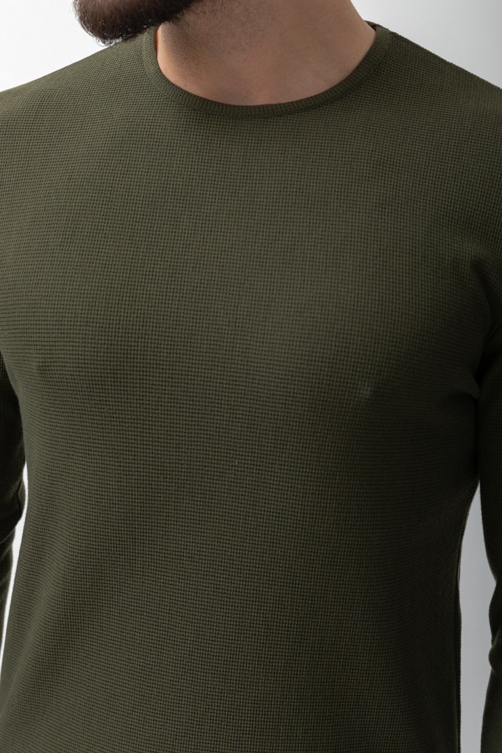 Khaki Color Cotton And Elastane Fabric With Long Sleeved Crew Neck Detail Casual Mens T Shirt