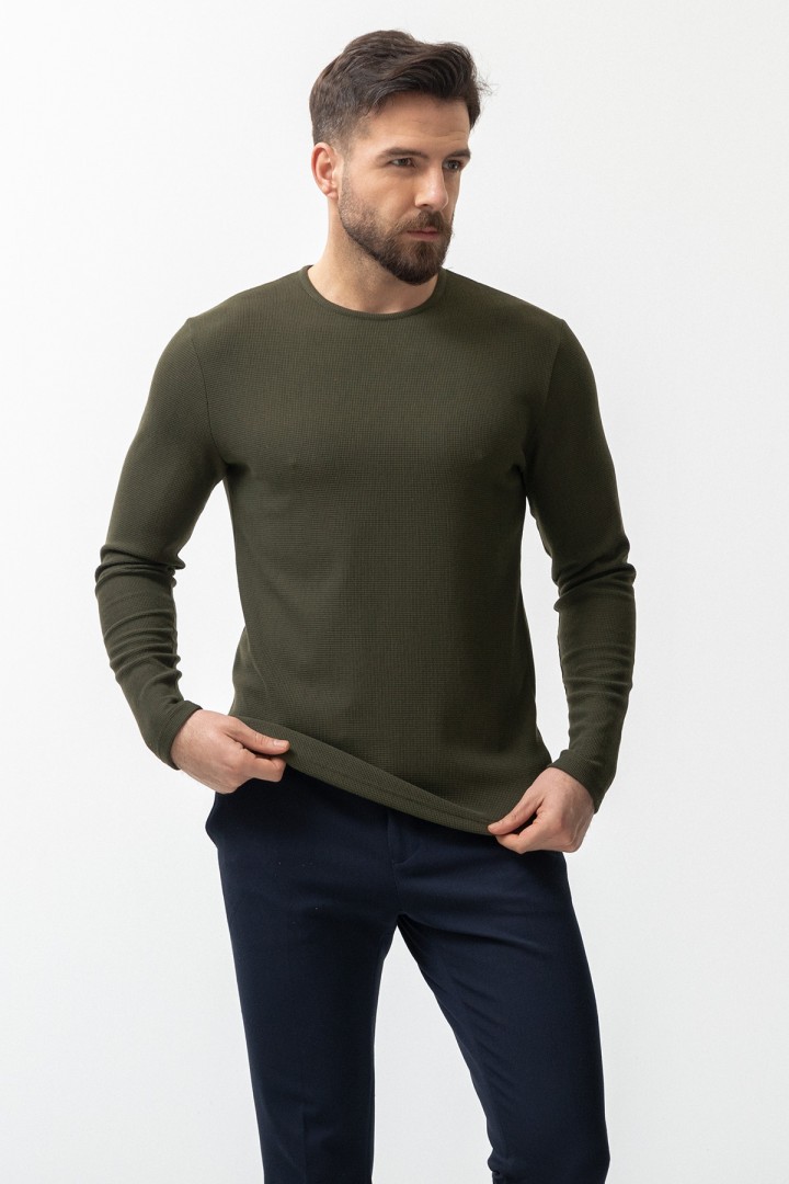 Khaki Color Cotton And Elastane Fabric With Long Sleeved Crew Neck Detail Casual Mens T Shirt