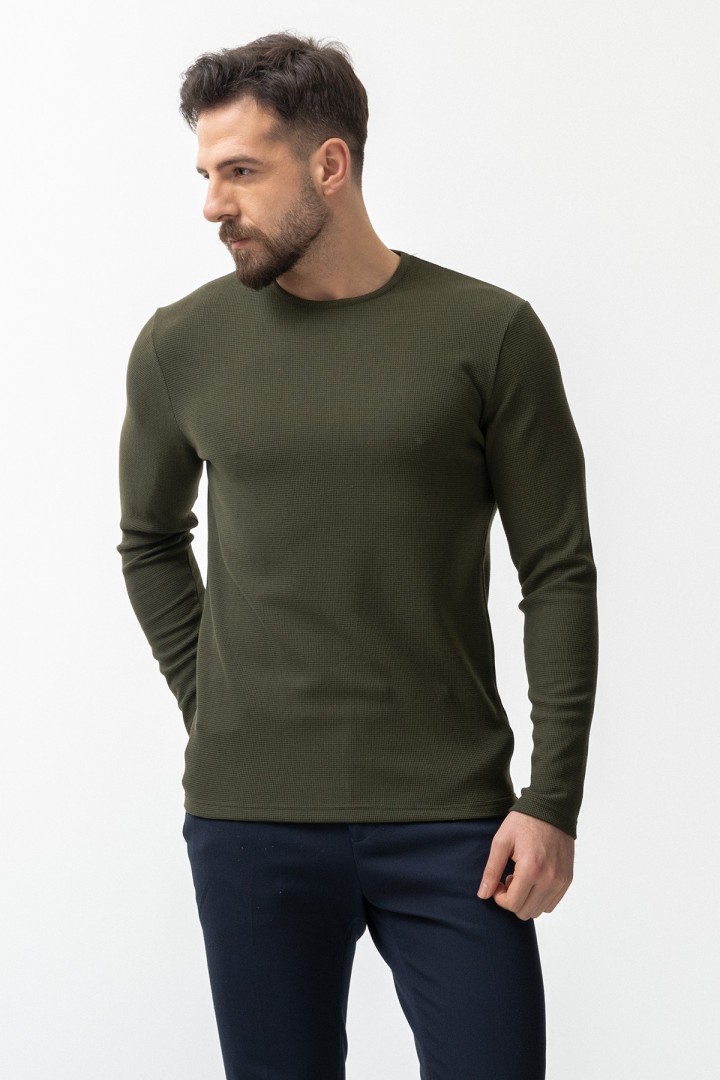 Khaki Color Cotton And Elastane Fabric With Long Sleeved Crew Neck Detail Casual Mens T Shirt