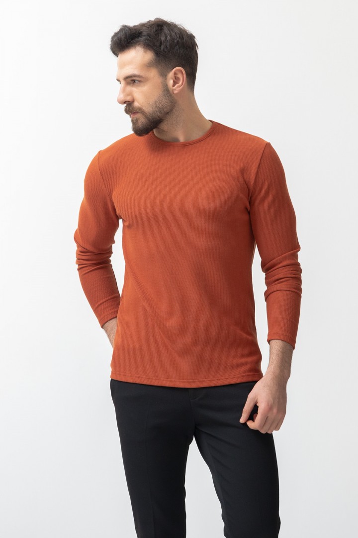 Tile Color Cotton And Elastane Fabric With Long Sleeved Crew Neck Detail Casual Mens T Shirt