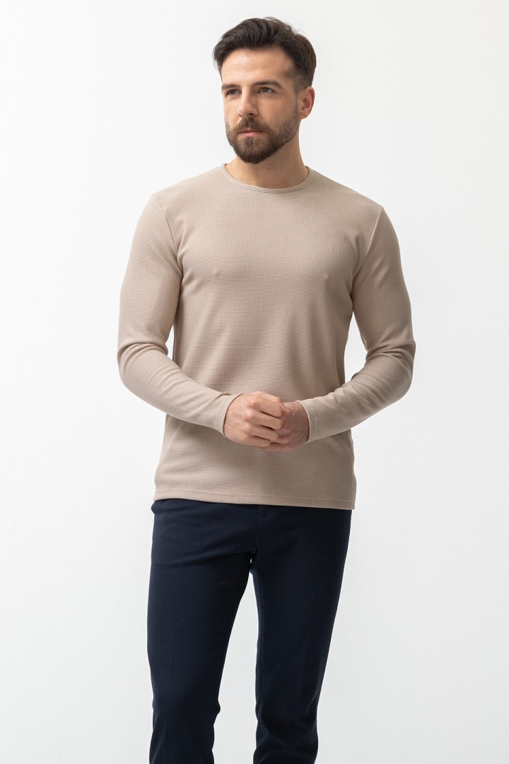 Beige Color Cotton And Elastane Fabric With Long Sleeved Crew Neck Detail Casual Mens T Shirt