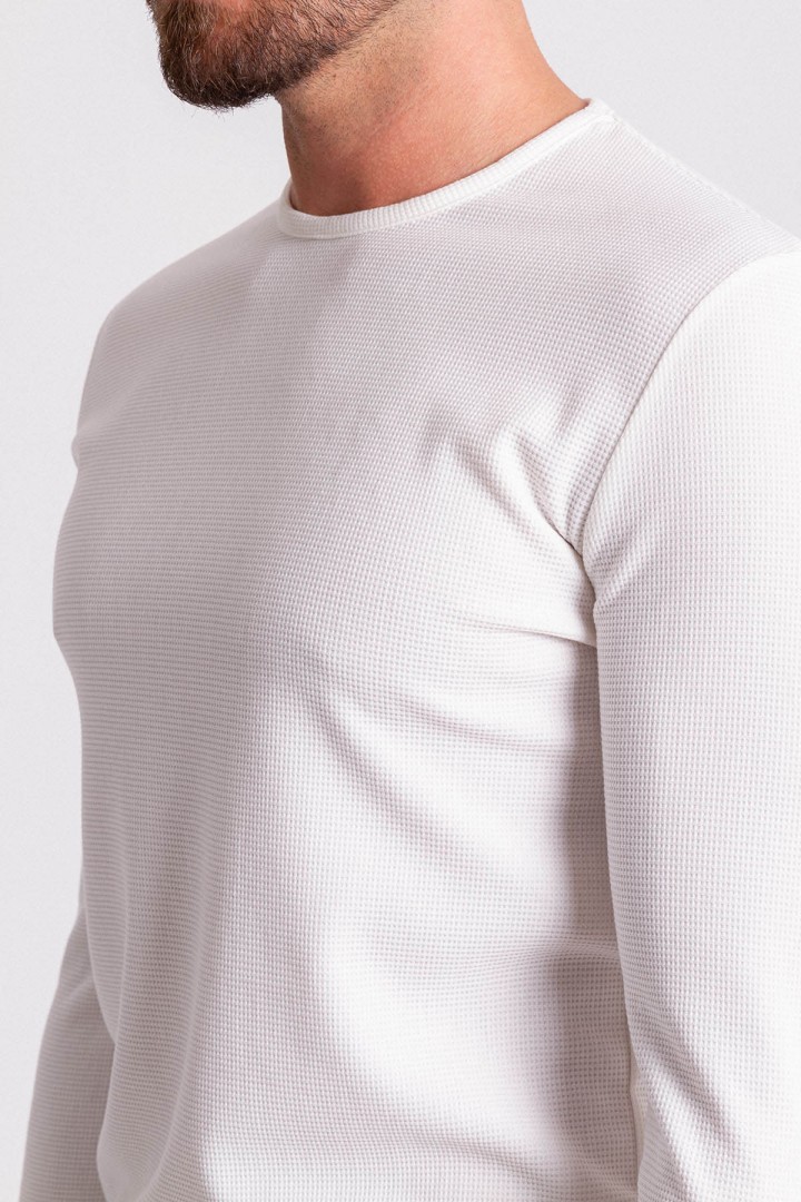 Ecru Color Cotton And Elastane Fabric With Long Sleeved Crew Neck Detail Casual Mens T Shirt