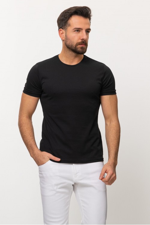 Black Color Cotton And Elastane Fabric With Crew Neck Detail Basic Mens T Shirt