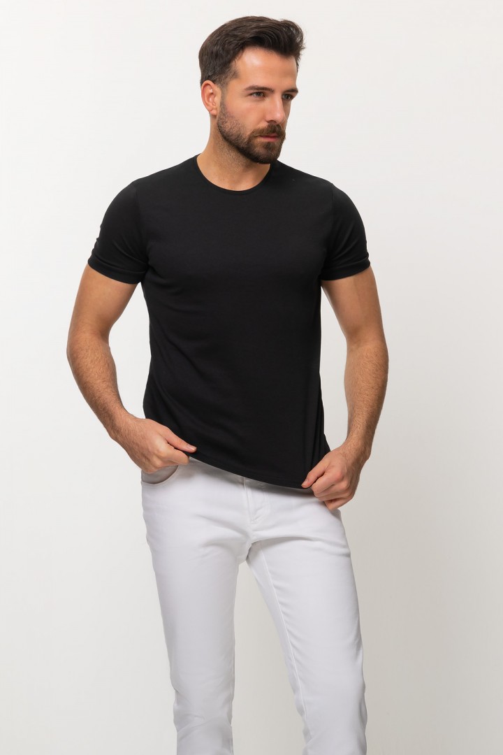 Black Color Cotton And Elastane Fabric With Crew Neck Detail Basic Mens T Shirt