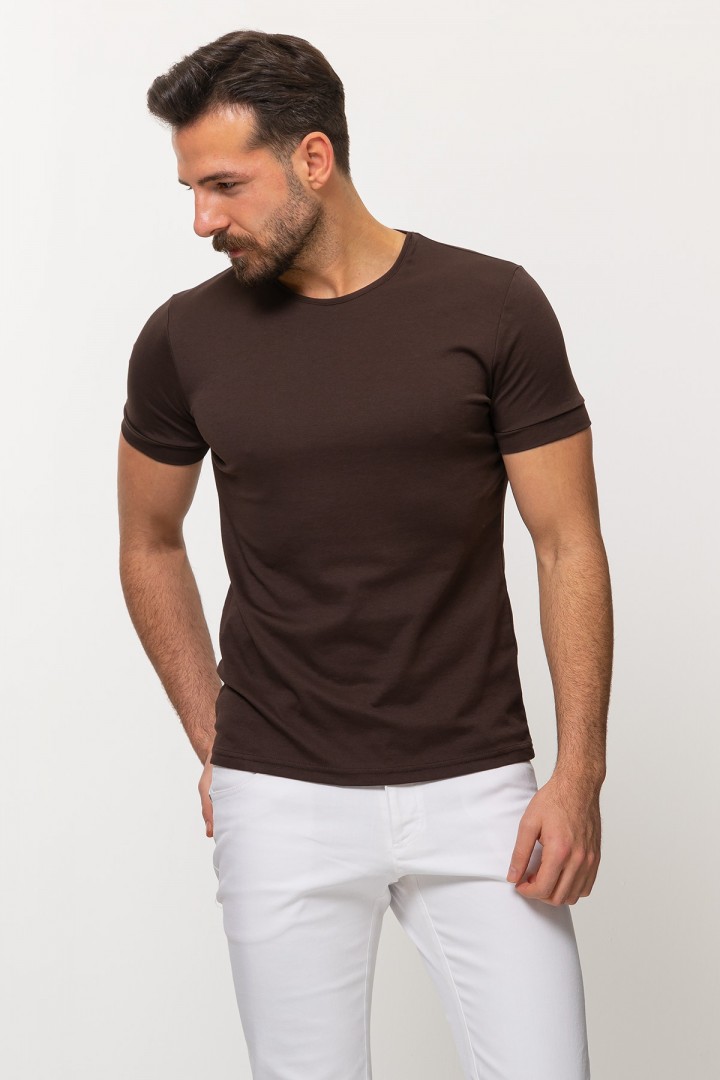 Brown Color Cotton And Elastane Fabric With Crew Neck Detail Basic Mens T Shirt