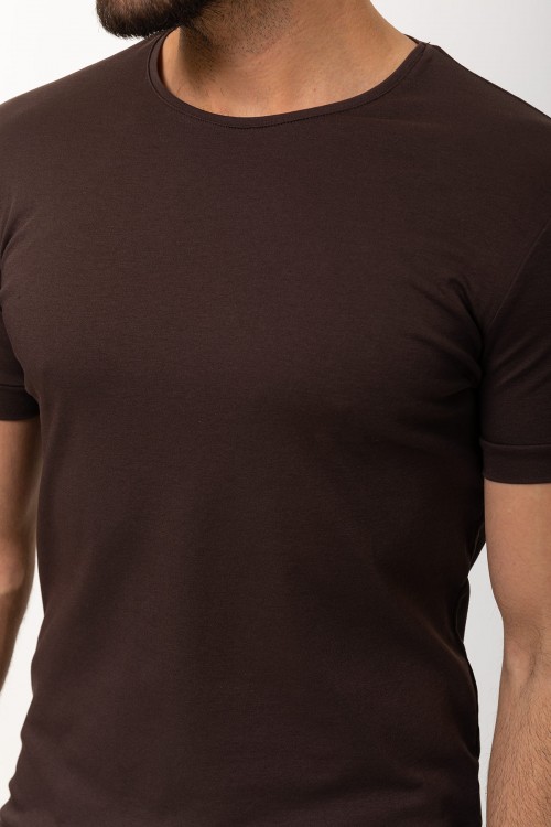Brown Color Cotton And Elastane Fabric With Crew Neck Detail Basic Mens T Shirt