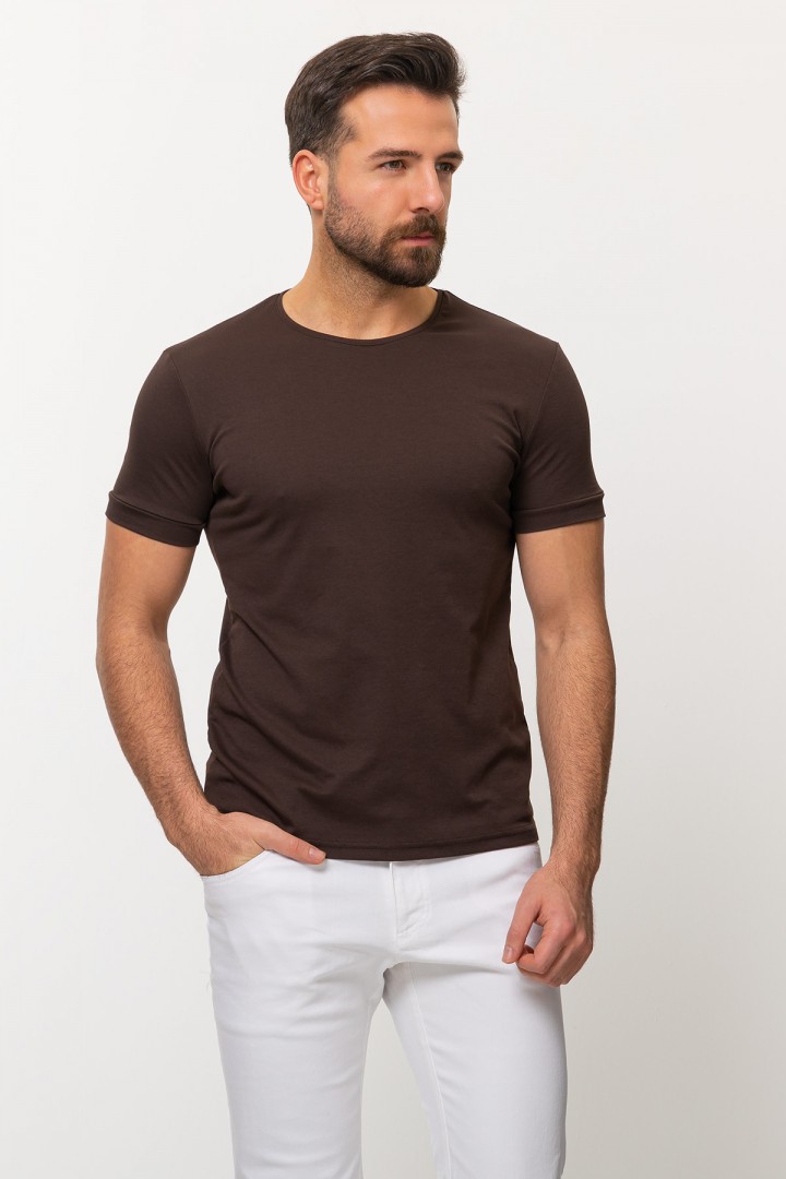 Brown Color Cotton And Elastane Fabric With Crew Neck Detail Basic Mens T Shirt
