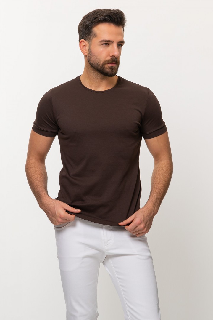Brown Color Cotton And Elastane Fabric With Crew Neck Detail Basic Mens T Shirt