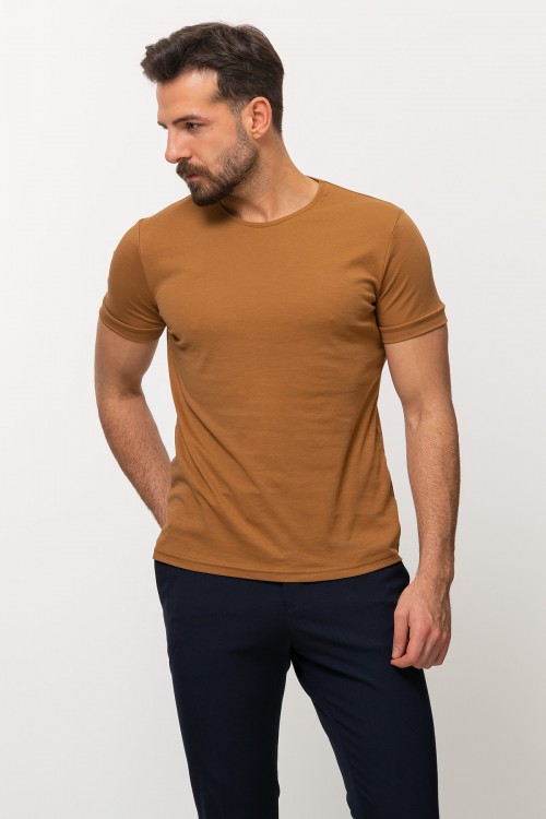 Camel Color Cotton And Elastane Fabric With Crew Neck Detail Basic Mens T Shirt